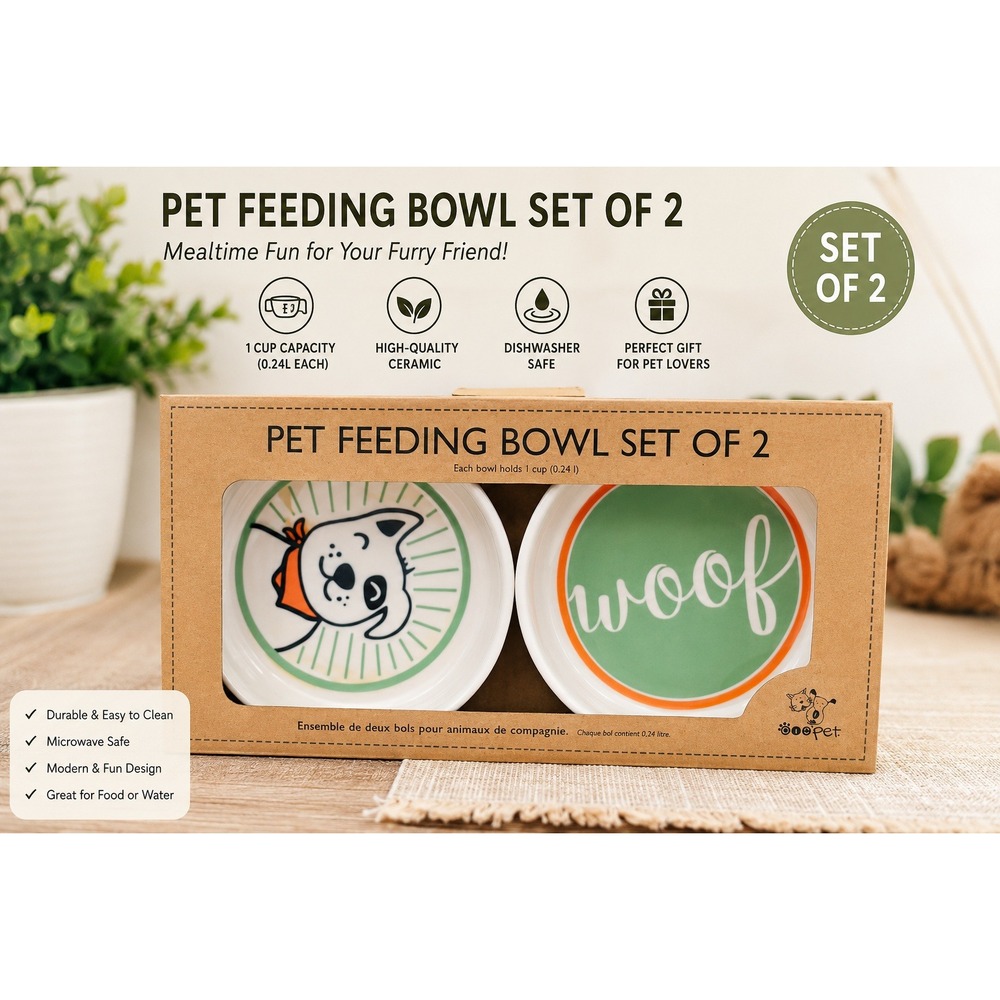 Ore Pet Feeding Bowl Set of 2 Melamine Dog Bowls Woof Dalmatian 1 Cup Capacity